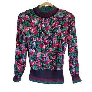 Vintage 80s Green Pink Purple Floral Long Sleeve Zip Back Top Grandmacore Vibes